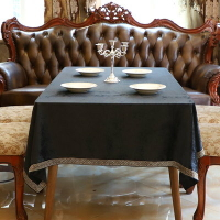 新中式黑色鑲邊餐桌布 (100*160cm) 歐式茶几棉麻餐桌巾