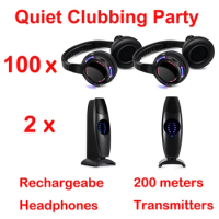 Silent Disco RF Led Flashing Wireless Headphones Bundle for Parties (100 Headsets 2 Transmitters 7 Chargers)