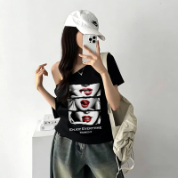 #fpy Kaos Wanita Bahu Miring Desain Asimetris Y2K Korean Style Trendi Nyaman Vintage Retro Motif Lip