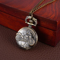 Bronzed pocket watch Motorcycle embossed pocket watch retro quartz small quartz clamshell necklace hang watch