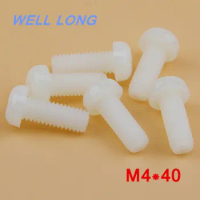 100pcs/lot M4*40mm White Round head cross nylon screws, pan head plastic screws, plastic bolts.