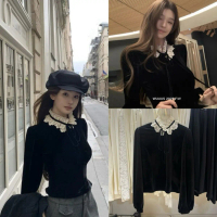 9979# เสื้อแขนยาวกำมะหยี่คอแต่งลูกไม้ เนื้อผ้าดี ทรงสวย TAG : SIMIDA