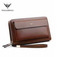 WILLIAMPOLO Business Mens Clutch Bags Real Leather Phone Credit Card Organizer Large Wallet Luxury Double Zipper Clutch Wallet