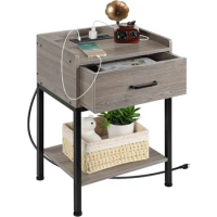 Gray Night Stand with Charging Station 2-Tier Side Tables Bedroom with Drawer Small Bedside Table for Bedroom Living Room