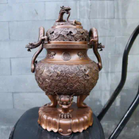 15.3 inches China Pure red Copper bronze Dragon Bat Incense Burners censer incensory Bronze Decoration Home Gift