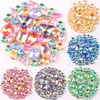 Gold claw setting 50pcs/bag shapes mix jelly candy AB colors glass crystal sew on rhinestone wedding dress shoes bags diy