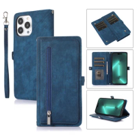 Zipper Wallet Lanyard Phone Case For iPhone 11 12 13 14 Pro Max Mini Plus Xr Xs X With 9 Cards Slot Flip Leather Cover