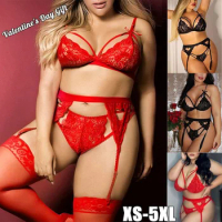 Women Intimates Sex Sheer Lace Bra+ Garter Belt+Gstring Thong Sexy Lingerie Erotic Hot Plus Size Lingerie Set S-5XL