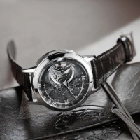 OBLVLO Retro Casual Men Skeleton Automatic Watch Mechanical Calfskin Strap Mineral Crystal Glass Black Dial Waterproof Clock VM