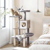 Indoor cat tower, wooden cat tree, apartment with cat scratching pillars, 2 hammocks, detachable plush ball club