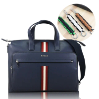 【BALLY】HAIES 經典雙色織帶超輕牛皮手提包商務包公事包兩用包(深藍 買就隨機送BV鑰匙圈)
