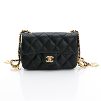 CHANEL香奈兒 Mini Flap bag 菱格紋小羊皮愛心鏈帶迷你口蓋肩背/斜背包(黑色/金釦)