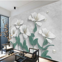 唯美舒適立體百合珠寶客廳定制墻紙壁畫花朵輕奢沙發電視背景墻3d