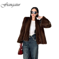 Ftangaiur Winter Coat For Women Import Velvet Mink Fur Coat Women's Full Sleeve Coffee Color V-Neck Real Mink Fur Short Coats