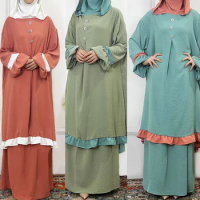 Women Spring Elegant Muslim Sets Long Sleeve Turkish Tops Skirts Abaya Solid Islamic Clothing 2PCS Baju Kurung Malaysia Set 2024