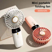 USB Handheld Mini Fan Foldable Portable Neck Hanging Fans 5 Speed USB Rechargeable Fan with Phone Stand and Display Screen