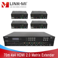 LINK-MI 70M 4x4 HDMI Matrix Extender with 4 HDMI loop out over Ca6 Ethernet Cable, Support 4K60Hz, 18Gbps, HDR, IR, SPDIF, EDID