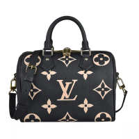 【Louis Vuitton 路易威登】LV M58947 Speedy粉膚LOGO Monogram Empreinte牛皮拉鍊手提斜背波士頓包(黑x米)