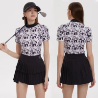DK Summer Golf Printed Short Sleeved Professional T-shirt Quick Drying Breathable Thin Round Neck Golf Tops Women Sports Skort