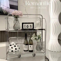 Medieval Style Cart Movable Folding Cart Wine Cart Transparent Glass Storage Trolley Wheel Kitchen Cart Sofa Side Table