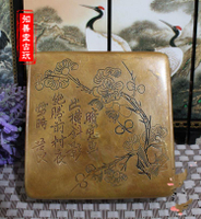 文房四寶 仿古墨盒精品老銅仿舊銅盒精雕圖 黃銅墨盒詩畫墨盒