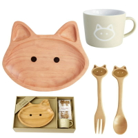 【日本SPICE】貓咪 松木 兒童餐具組 木質兒童餐具禮盒 造型餐具組 周歲禮盒 生日禮物