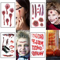 6/12pcs Halloween Temporary Tattoo Stickers Zombie Scar Tattoos with Fake Scab Bloody Makeup Decor Wound Scratches Blood Sticker
