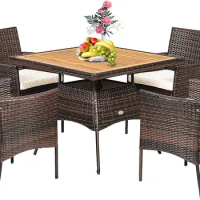 5 Pieces Wicker Patio Dining Set, Outdoor Acacia Wood Dining Furniture with 4 Armrest Chairs &amp; 1 Dining Table, Rattan Set