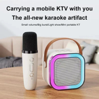 K12 Portable Karaoke Machine Bluetooth 5.3 PA Speaker System with 1-2 Wireless Mic Adjustable LED Lights Speaker Children's Gift