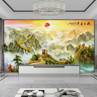 山水牆貼 3d旭日東升山水客廳背景牆布聚寶盆壁紙長城靠山風水辦公室牆貼畫【HZ69016】