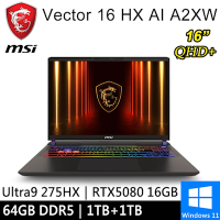 微星 Vector 16 HX AI A2XWIG-014TW-SP8 16吋 灰(Ultra 9 275HX/64G/1TB+1TB/RTX5080 16G/W11)特仕版