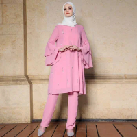 Muslim Co Ord Two Piece Set Ramadan Diamonds Modest Abaya Women Islamic Clothing Eid Tops Pants Suit Baju Kurung Turkey Kaftan