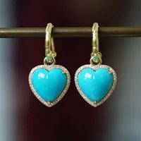 HJY2023 Turquoise Earrings Solid 18K Gold 10.2mm Blue Turquoise Drop Dangle Earrings for Women Fine Presents