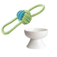 【寵物愛家】經典白色陶瓷碗+棉繩玩具(寵物用品)