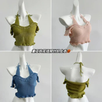 New Women Drawstring Front Ribbed Knit Tops Femme Sexy Sleeveless Crop Top Fashion Sweet Knit Top