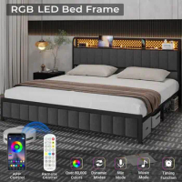 King Size Bed Frame with LED Lights,Charging Station &amp; Storage Headboard,Modern Upholstered Platform Bed,Double bed,for Bedroom
