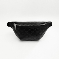 美國百分百【全新真品】GUCCI 皮包 腰包 胸包 斜背包 皮革 男包 歐洲精品 壓紋印花 黑色 CU16