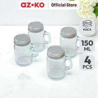AZKO Culinart Mason Mug Jar Kaca Dengan Tutup 150 ml Set 4 Pcs Transparan Mason Jar Mug Kaca Gelas T