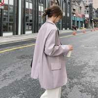 紫色西裝式皮衣外套女春秋pu皮西服皮夾克高級感