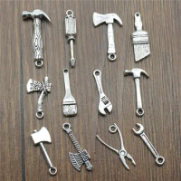 20pcs Tools Charms Ax Wrench Brush Hammer Screwdriver Charms Pendants Jewelry Making Antique Silver Color