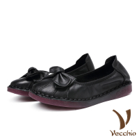 【Vecchio】頭層牛皮立體蝴蝶結撞色拼接軟底平底單鞋(黑)