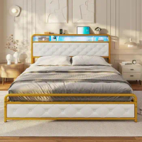 Faux Leather Queen/King size Bed Frame with LED Lights Upholstered Platform Bed ，Adult and adolescent beds with charging sockets