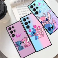 Disney Stitch Angel Love For Samsung Galaxy S23 S22 S21 S20 FE S10 S9 S10E S8 Plus Ultra Lite 5G Black Phone Case