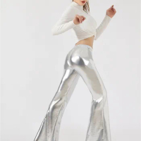 Women's Metallic Shinny Flared Pants Sequins High Waist Stretchy Bell Bottom Flare Pants Tall Girl Disco Wide Leg