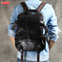 Cowhide Leather Men's Backpack Mountaineering Travel Backpacks Men Laptop Bag Schoolbag Retro Soft Black Leather Backpack