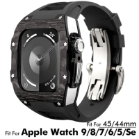 Retrofit Kit Carbon Fiber Case for Apple Watch 45mm 44mm Mod Kit For Iwatch 9 8 7 6 5 4 SE Fluororubber Strap Band Silver