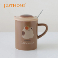 【Just Home】水豚君陶瓷馬克杯360ml-附杯蓋及湯匙-橘子(杯子 陶瓷杯 馬克杯)