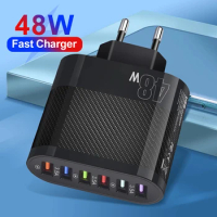 65W 6 Ports USB Charger Fast Charging QC3.0 Travel Charger For iPhone 15 Samsung Xiaomi Mobile Phone Adapter EU KR US UK Plug