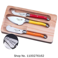 New Laguiole Style 3-Piece Cheese Knives Spreader W/ MultiColor Handles Jam Butter Knife Set in Wooden Box LG06 Free Shipping