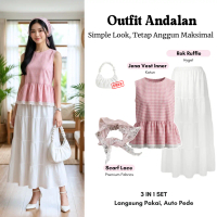 One Set Elegan Korean Style 3IN1 Atasan Jena Vest Inner , Rok Ruffle , Scarf - Outfit Santai & Hango